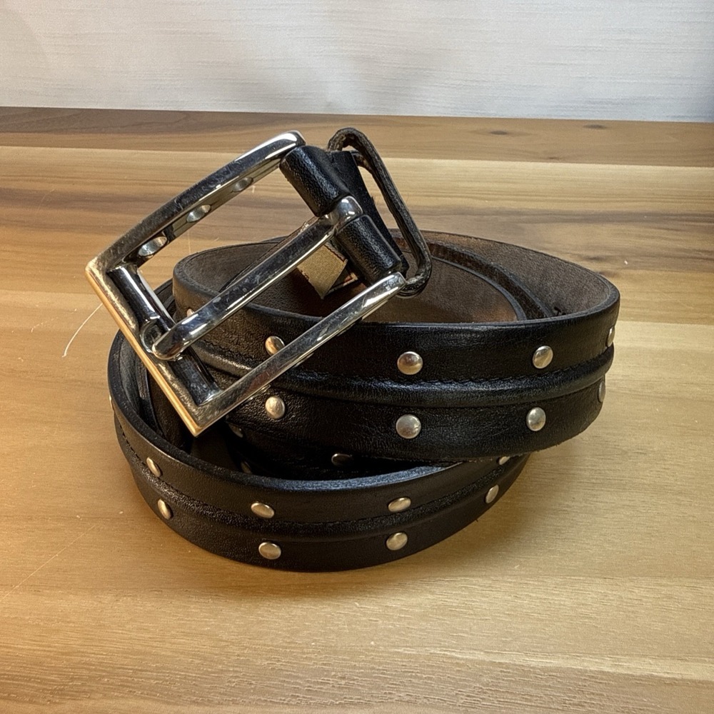 Palm west Belt Mens Sz 44 Black Genuine Leather Silver Tone Buckle Studded